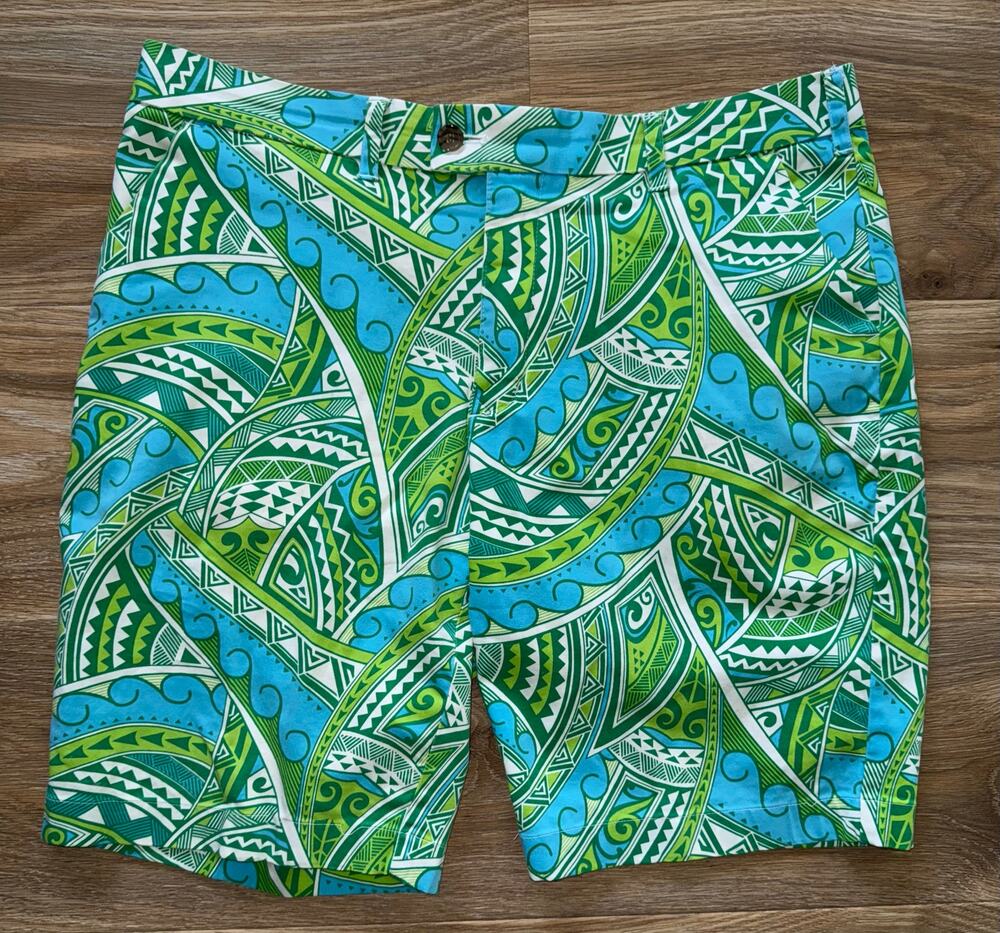 Loudmouth Golf Shorts Green Geometric Golf Short Cotton Blend Logo Mens - Sz 38